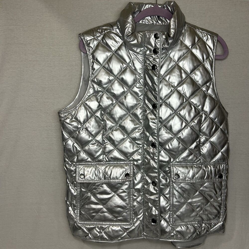 Talbots Women Size L Metallic Silver Quilted Down Puffer Vest $149